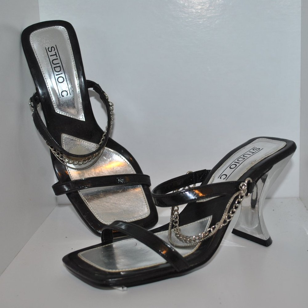 Black/silver backless heels w/chain accent